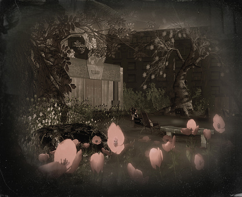 Tintype print of "Cemetery at night with poppies" by Clair LaVaye.